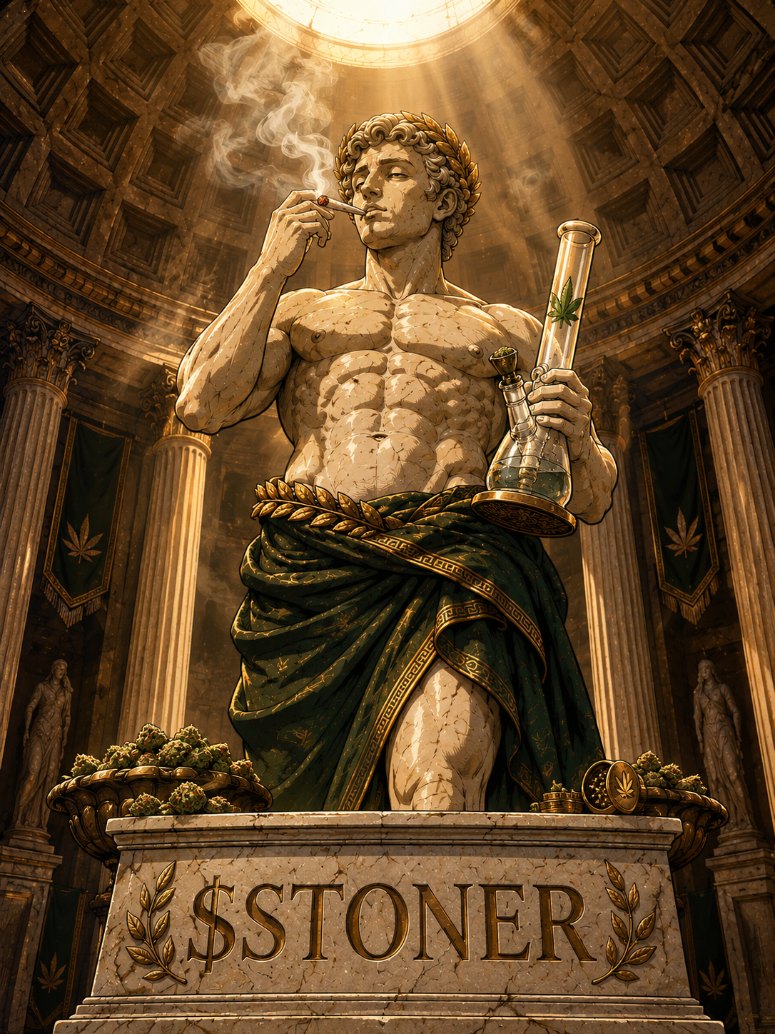 The marble statue of $STONER, a Greco-Roman god smoking within a golden temple